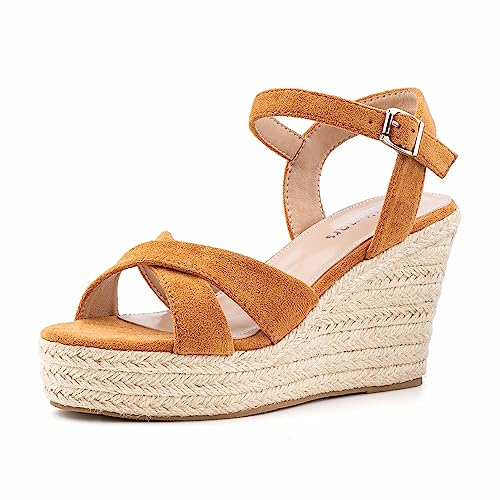 Hitmars Plateau Sandalen Damen Keilsandalen Espadrilles Keilabsatz Sandaletten Mode Peep Toe Strandsandalen Wedges Damen Sommerschuhe Khaki EU 42 von Hitmars