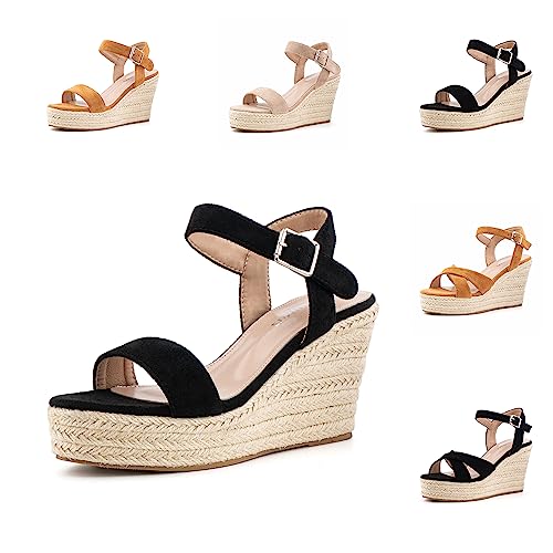 Hitmars Plateau Sandalen Damen Keilsandalen Espadrilles Keilabsatz Sandaletten Mode Peep Toe Strandsandalen Wedges Damen Sommerschuhe Schwarz EU 43 von Hitmars