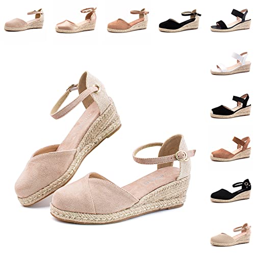Hitmars Plateau Sandalen Damen Keilsandalen Espadrilles für Keilabsatz Absatz Wedges Geschlossene Espandrillos Sommerschuhe Frauen Beige Größe 39 EU von Hitmars
