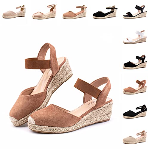 Hitmars Plateau Sandalen Damen Keilsandalen Espadrilles für Keilabsatz Absatz Wedges Geschlossene Espandrillos Sommerschuhe Frauen Khaki Größe 38 EU von Hitmars