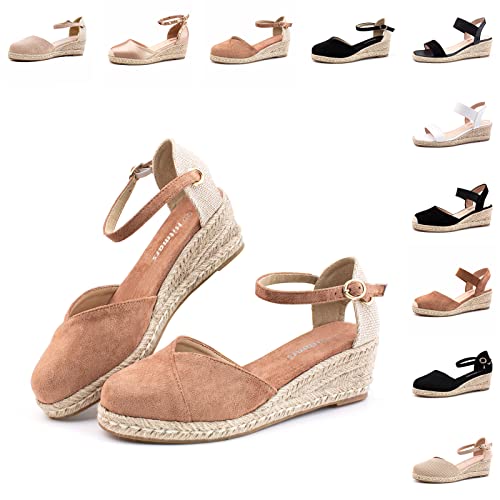 Hitmars Plateau Sandalen Damen Keilsandalen Espadrilles für Keilabsatz Absatz Wedges Geschlossene Espandrillos Sommerschuhe Frauen Khaki Größe 41 EU von Hitmars