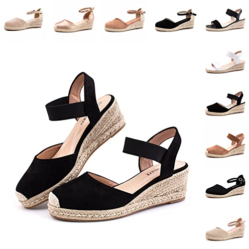 Hitmars Plateau Sandalen Damen Keilsandalen Espadrilles für Keilabsatz Absatz Wedges Geschlossene Espandrillos Sommerschuhe Frauen Schwarz Größe 42 EU von Hitmars