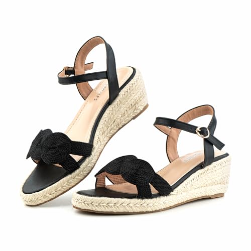 Hitmars Plateau Sandalen Damen Keilsandalen Sommer Espadrilles Sandaletten Frauen Schuhe Keilabsatz Absatz Wedges Geschlossene Espandrillos NN1 Schwarz 42EU von Hitmars