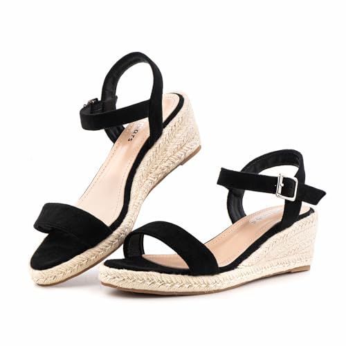 Hitmars Plateau Sandalen Damen Keilsandalen Sommer Espadrilles Sandaletten Frauen Schuhe Keilabsatz Absatz Wedges Geschlossene Espandrillos NN2 Schwarz Größe 43EU von Hitmars