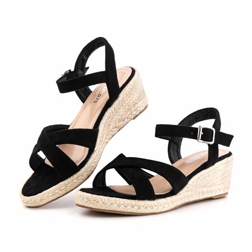 Hitmars Plateau Sandalen Damen Keilsandalen Sommer Espadrilles Sandaletten Frauen Schuhe Keilabsatz Absatz Wedges Geschlossene Espandrillos NN3 Schwarz 36EU von Hitmars