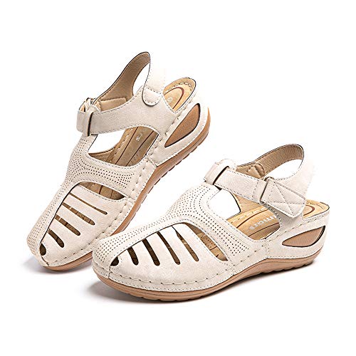 Hitmars Plateau Sandalen Damen Sommer Keilabsatz Pantoletten Geschlossene Slingback Wedges Sandaletten Halbschuhe Vintage A1-Beige Gr. 42 EU von Hitmars