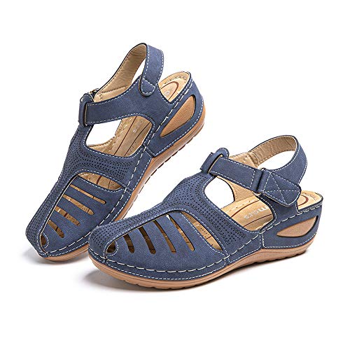 Hitmars Plateau Sandalen Damen Sommer Keilabsatz Pantoletten Geschlossene Slingback Wedges Sandaletten Halbschuhe Vintage A1-Blau Gr. 42 EU von Hitmars