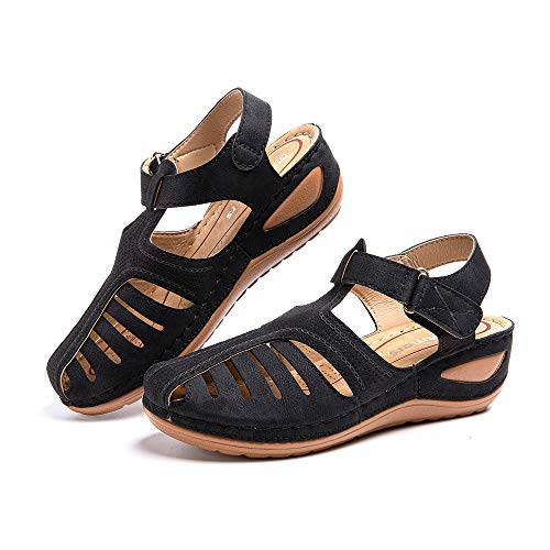Hitmars Plateau Sandalen Damen Sommer Keilabsatz Pantoletten Geschlossene Slingback Wedges Sandaletten Halbschuhe Vintage A1-Schwarz Gr. 35 EU von Hitmars