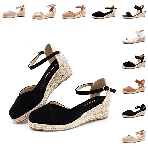 Hitmars Sandalen Damen Keilsandalen Espandrillos Keilabsatz Sandalen Espadrilles Schuhe Frauen Sandaletten Elegant Wedges Sommer 6 CM Bequem 1 Schwarz Größe 40 EU von Hitmars