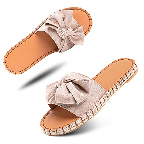 Hitmars Sandalen Damen Pantoletten Espadrille Flach Schlappen Sommer Mules Frauen Bow Flache Sommerschuhe Hausschuhe Bequeme Beige Größe 40 EU von Hitmars