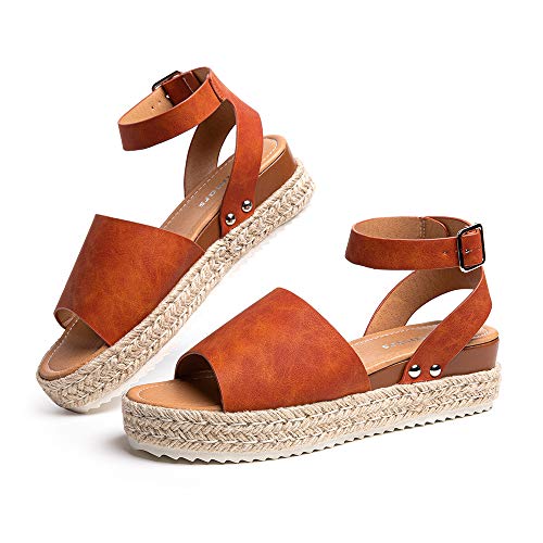 Hitmars Sandalen Damen Plateau Espadrilles Keilabsatz Frauen Offener Zeh Knöchel Schnalle Riemchensandalen Absatz 5.6cm 1-Hellbraun-2 EU40 von Hitmars