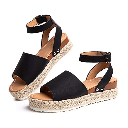 Hitmars Sandalen Damen Plateau Espadrilles Keilabsatz Frauen Offener Zeh Knöchel Schnalle Riemchensandalen Absatz 5.6cm 1-Schwarz-2 EU43 von Hitmars