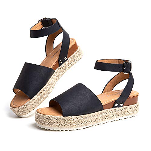 Hitmars Sandalen Damen Plateau Espadrilles Keilabsatz Frauen Römisch Offener Zeh Knöchel Schnalle Gladiator Strand Riemchensandalen Absatz 5.6cm 1-Blau EU38 von Hitmars