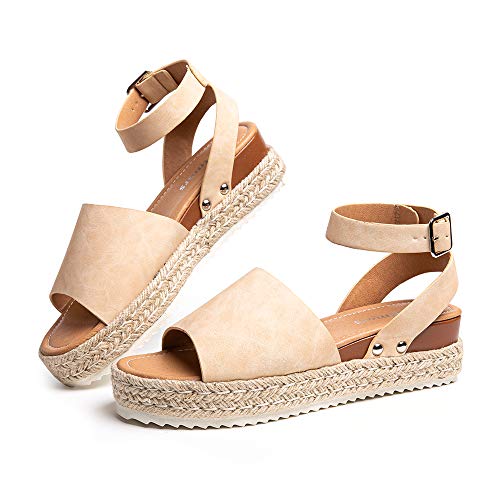 Hitmars Sandalen Damen Plateau Espadrilles Keilabsatz Frauen Römisch Offener Zeh Knöchel Schnalle Gladiator Strand Riemchensandalen Absatz 5.6cm 1-Khaki EU42 von Hitmars