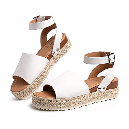 Hitmars Sandalen Damen Plateau Espadrilles Keilabsatz Frauen Römisch Offener Zeh Knöchel Schnalle Gladiator Strand Riemchensandalen Absatz 5.6cm 1-Weiß EU40 von Hitmars