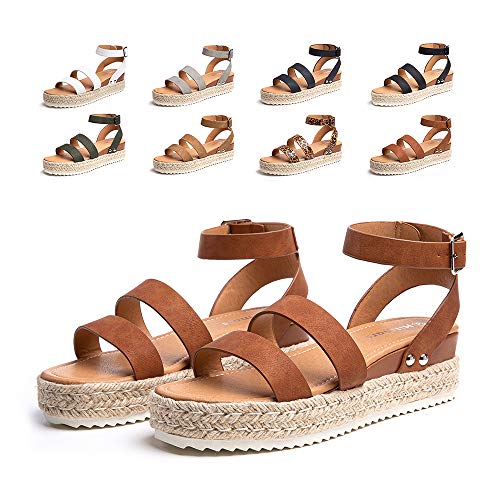 Hitmars Sandalen Damen Plateau Frauen Keilabsatz Sommer Espadrille Sandaletten Wedge Offene Slingback Knöchel Boho Sandalen Schwarz Khaki Braun Leopard Weiß Gr. 35-43 EU Braun 39 von Hitmars