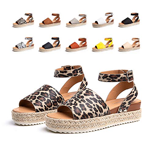 Hitmars Sandalen Damen Plateau Keilsandalen Espadrille Frauen Sandaletten Keilabsatz Sommerschuhe Flatform Slingback Leopard Größe 42 EU von Hitmars