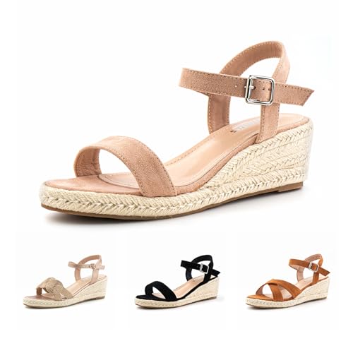 Hitmars Sandalen Damen Plateau Sandalen Keilsandalen Espadrilles Keilabsatz Sandaletten Wedges Damen Mode Peep Toe Sommerschuhe Beige EU 36 von Hitmars