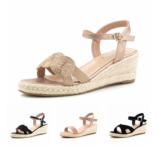 Hitmars Sandalen Damen Plateau Sandalen Keilsandalen Espadrilles Keilabsatz Sandaletten Wedges Damen Mode Peep Toe Sommerschuhe Champagner-Farbe EU 41 von Hitmars