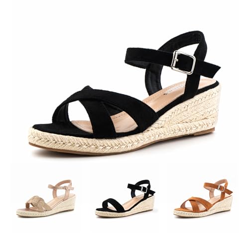 Hitmars Sandalen Damen Plateau Sandalen Keilsandalen Espadrilles Keilabsatz Sandaletten Wedges Damen Mode Peep Toe Sommerschuhe Schwarz EU 39 von Hitmars
