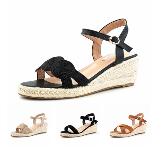 Hitmars Sandalen Damen Plateau Sandalen Keilsandalen Espadrilles Keilabsatz Sandaletten Wedges Damen Mode Peep Toe Sommerschuhe Schwarz EU 40 von Hitmars