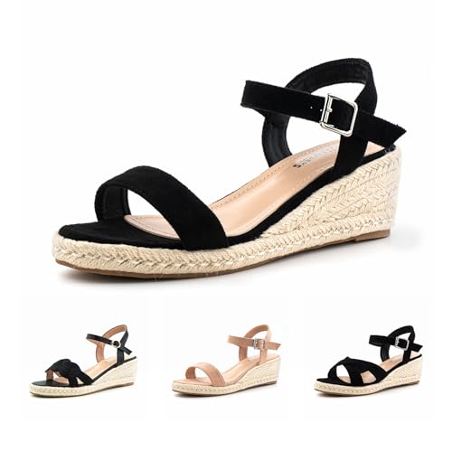 Hitmars Sandalen Damen Plateau Sandalen Keilsandalen Espadrilles Keilabsatz Sandaletten Wedges Damen Mode Peep Toe Sommerschuhe Schwarz EU 40 von Hitmars