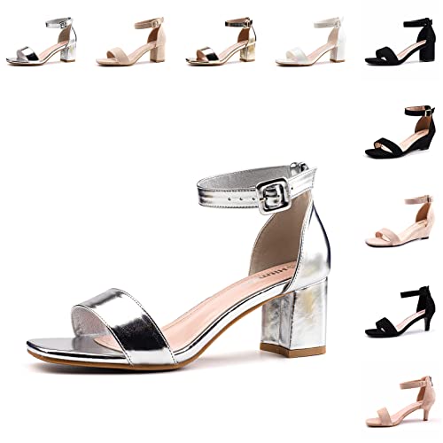 Hitmars Sandalen Damen mit Absatz Sommer Sandaletten Schnalle Einstellbar Kunstleder Offener Zeh Elegant Pumps Fesselriemen Leicht Blockabsatz 6cm 1-Silber EU39 von Hitmars