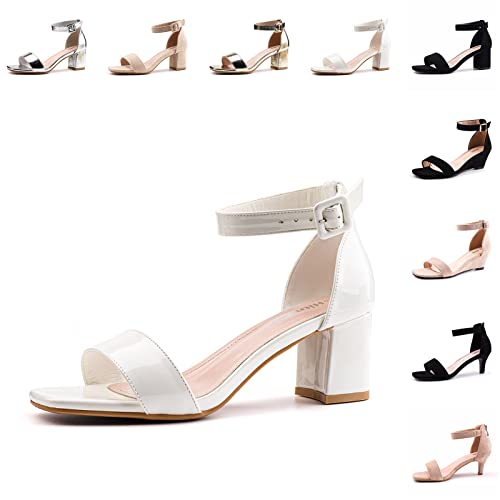 Hitmars Sandalen Damen mit Absatz Sommer Sandaletten Schnalle Einstellbar Kunstleder Offener Zeh Elegant Pumps Fesselriemen Leicht Blockabsatz 6cm 1-Weiß EU36 von Hitmars