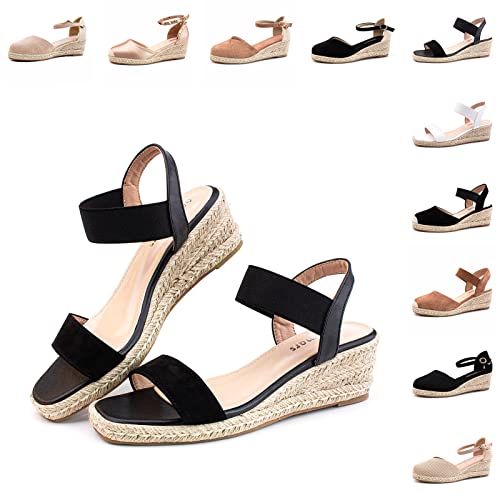 Hitmars Sandalen Espadrilles für Damen Keilsandalen Espandrillos Wedges Damen Sandaletten Keilabsatz 6 CM Elegant Sommerschuhe 3 Schwarz Größe 43 EU von Hitmars