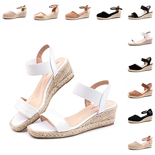 Hitmars Sandalen Espadrilles für Damen Keilsandalen Espandrillos Wedges Damen Sandaletten Keilabsatz 6 CM Elegant Sommerschuhe 3 Weiß (2) Größe 39 EU von Hitmars
