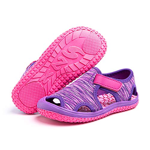Hitmars Sandalen Kinder Sommer Schuhe Jungen Mädchen Sandalen Anti Rutsch Atmungsaktiv Wandern Baby Halboffene Outdoor Strand Pink Violett Blau Grau Grün EU 21-31 Violett1 25 von Hitmars