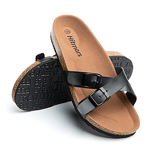 Hitmars Sandalen Pantoletten Damen Sommer Fußbett Bequeme Zehentrenner Flach Korkfußbett Offene Hausschuhe Frauen Schwarz Gold Silber Leopard Größe 36-43 EU Schwarz 36 EU von Hitmars