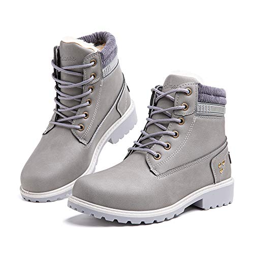 Hitmars Winterstiefel Damen Gefüttert Warme Winterschuhe Mode PU Vamp Schneestiefel Frauen Rutschfeste Outdoor Beiläufig Schnüren Flach 3.2 CM3 Grau Größe 41 EU von Hitmars