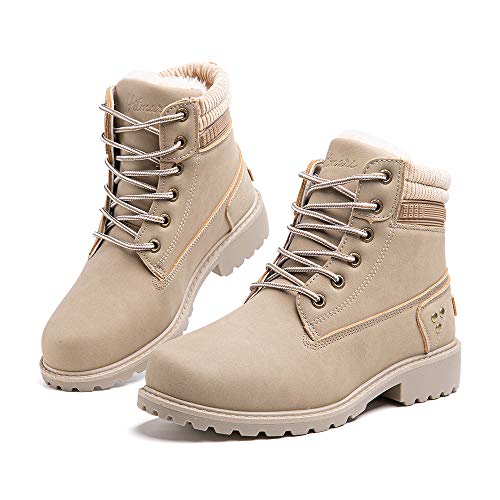 Hitmars Winterstiefel Damen Gefüttert Warme Winterschuhe Mode PU Vamp Schneestiefel Frauen Rutschfeste Outdoor Beiläufig Schnüren Flach 3.2 CM3 Khaki Größe 41 EU von Hitmars