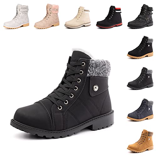 Hitmars Winterstiefel Damen Warme Winterschuhe Gefüttert Kurzschaft Absatz Stiefel Winter Geschnürt Stiefeletten Schneestiefel Alles Schwarz 37 EU von Hitmars