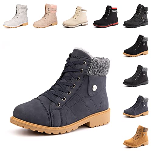 Hitmars Winterstiefel Damen Warme Winterschuhe Gefüttert Kurzschaft Absatz Stiefel Winter Geschnürt Stiefeletten Schneestiefel Blau 37 EU von Hitmars
