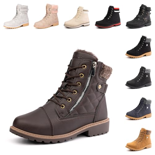 Hitmars Winterstiefel Damen Warme Winterschuhe Gefüttert Kurzschaft Absatz Stiefel Winter Geschnürt Stiefeletten Schneestiefel Braun 42 EU von Hitmars