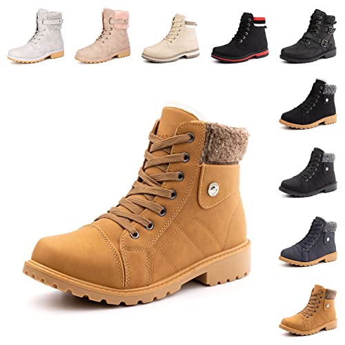 Hitmars Winterstiefel Damen Warme Winterschuhe Gefüttert Kurzschaft Absatz Stiefel Winter Geschnürt Stiefeletten Schneestiefel Braun 43 EU von Hitmars