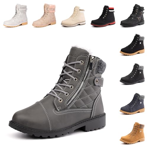 Hitmars Winterstiefel Damen Warme Winterschuhe Gefüttert Kurzschaft Absatz Stiefel Winter Geschnürt Stiefeletten Schneestiefel Grau 39 EU von Hitmars
