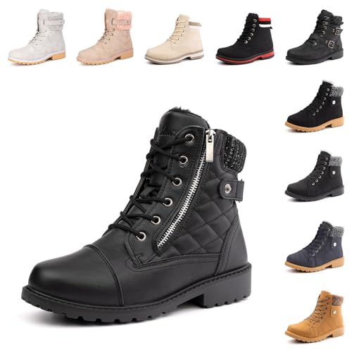 Hitmars Winterstiefel Damen Warme Winterschuhe Gefüttert Kurzschaft Absatz Stiefel Winter Geschnürt Stiefeletten Schneestiefel Schwarz 42 EU von Hitmars