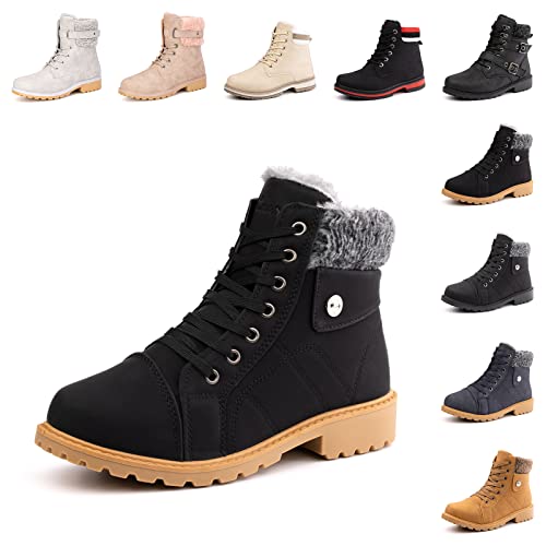 Hitmars Winterstiefel Damen Warme Winterschuhe Gefüttert Kurzschaft Absatz Stiefel Winter Geschnürt Stiefeletten Schneestiefel Schwarz Größe 37 EU von Hitmars