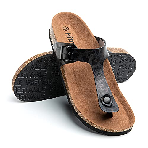 Hitmars Zehentrenner Damen Sandalen Fußbett Bequeme Pantoletten Flach Korkfußbett Offene Sommer Hausschuhe Frauen Schwarz Gold Silber Leopard Größe 36-43 EU Leopard 37 EU von Hitmars