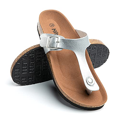 Hitmars Zehentrenner Damen Sandalen Fußbett Bequeme Pantoletten Flach Korkfußbett Offene Sommer Hausschuhe Frauen Schwarz Gold Silber Leopard Größe 36-43 EU Silber 38 EU von Hitmars