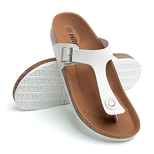 Hitmars Zehentrenner Damen Sandalen Fußbett Bequeme Pantoletten Flach Korkfußbett Offene Sommer Hausschuhe Frauen Schwarz Gold Silber Leopard Größe 36-43 EU Weiß 43 EU von Hitmars