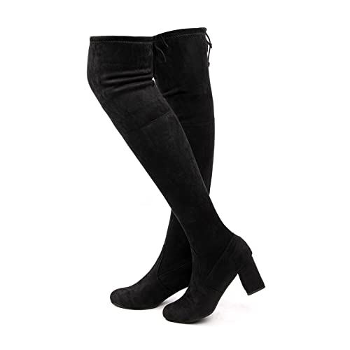 Overknees Stiefel Damen Boots Schnürstiefel Frauen Kniehoch Langschaft Blockabsatz Elastisch Weiter 6 cm C Schwarz 38 von Hitmars