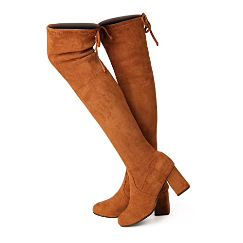 Overknees Stiefel Damen Boots Schnürstiefel Frauen Kniehoch Langschaft Blockabsatz Elastisch Weiter 6 cm D Braun 43 von Hitmars