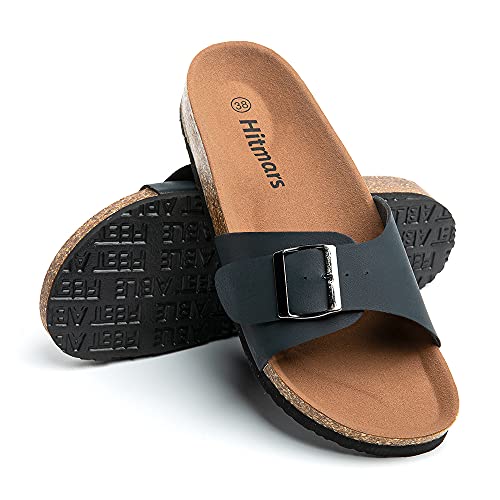 Pantoletten Damen Sandalen Sommer Zehentrenner Hausschuhe mit Fussbett Schnallen Frauen Schlappen Outdoor Sommerschuhe Flach 1 Schwarz Größe 37 EU von Hitmars