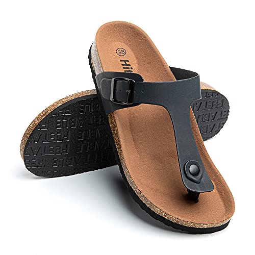 Pantoletten Damen Sandalen Sommer Zehentrenner Hausschuhe mit Fussbett Schnallen Frauen Schlappen Outdoor Sommerschuhe Flach 2 Schwarz Größe 38 EU von Hitmars