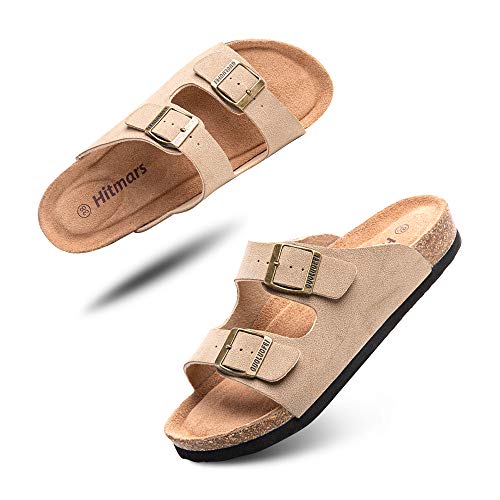 Pantoletten Herren Damen Sandalen Sommer Hausschuhe Tieffußbett Arch Support Schnallen Slides mit Kork Fußbett Flache Sommerschuhe Beige Größe 42 EU von Hitmars