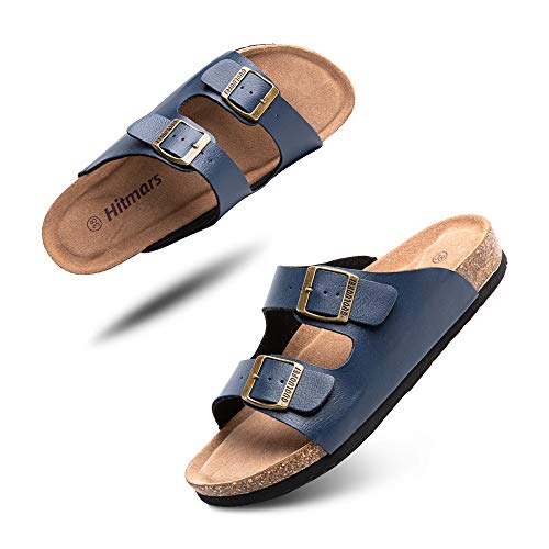 Pantoletten Herren Damen Sandalen Sommer Hausschuhe Tieffußbett Arch Support Schnallen Slides mit Kork Fußbett Flache Sommerschuhe Blau Größe 42 EU von Hitmars